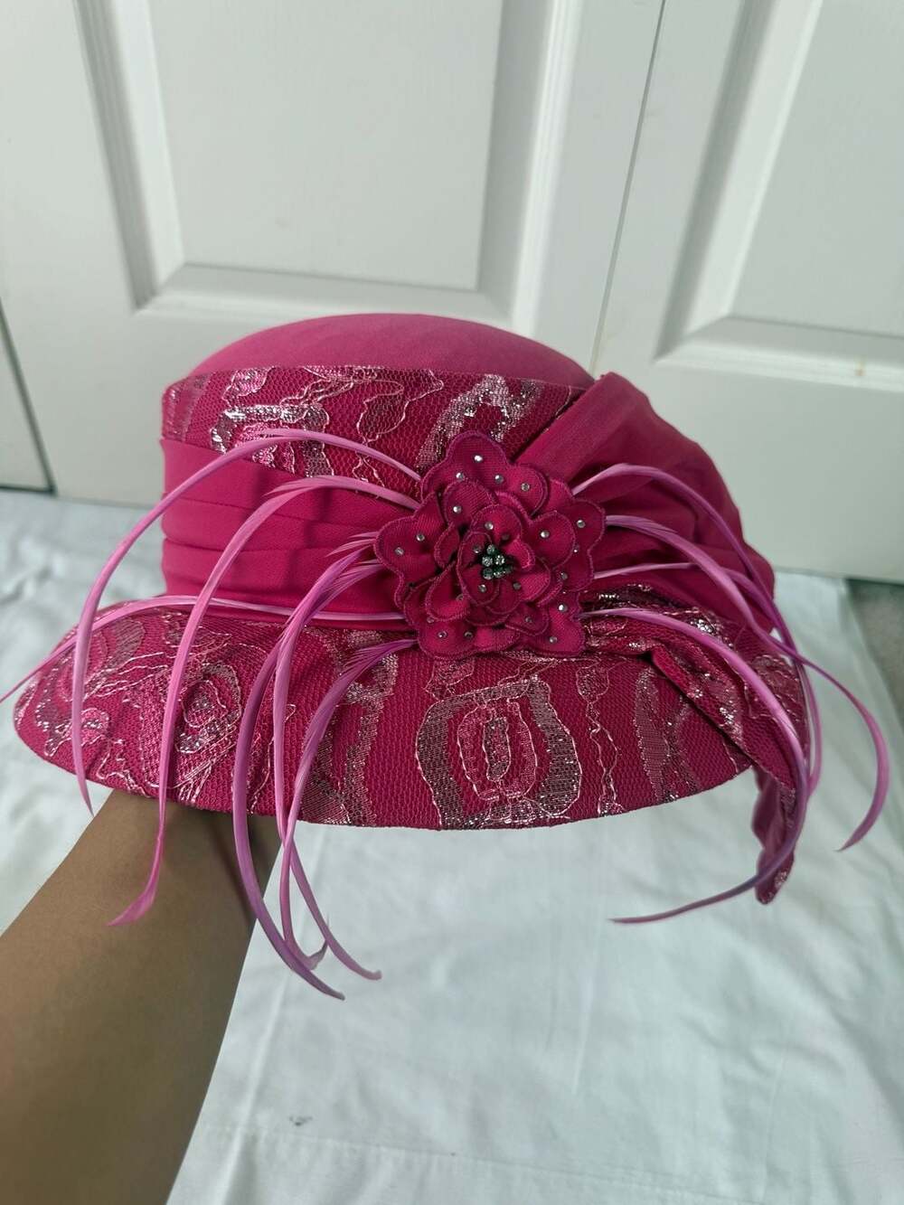Ben Marc Pink Church Derby Hat Floral Lace Feather Rhinestone Dressy Women's OS